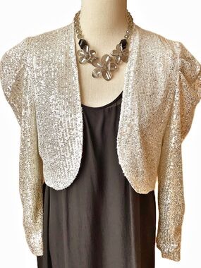 MELANIE LYNE Silver Sequin Cropped Bolero Jacket Shrug M Ivory Cream